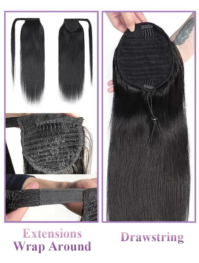 Straight Drawstring Ponytail 100% Human Hair Extensions Ponytail With Clips Natural Black Wrap Around Ponytail For Women