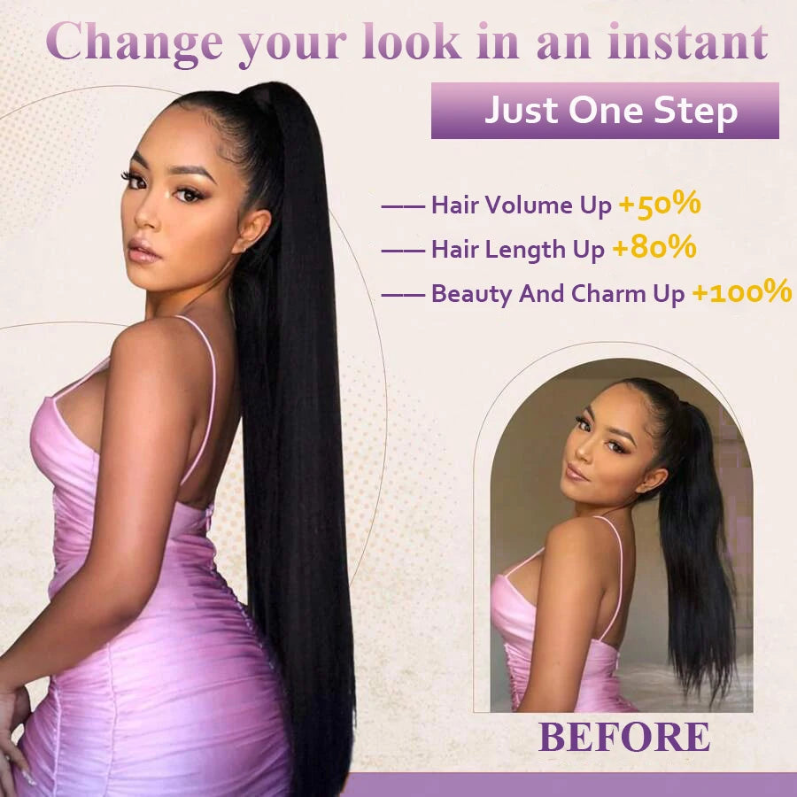 Straight Drawstring Ponytail 100% Human Hair Extensions Ponytail With Clips Natural Black Wrap Around Ponytail For Women