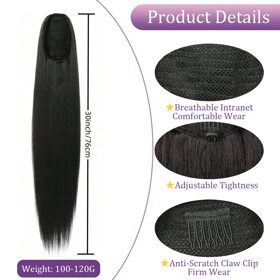 Straight Drawstring Ponytail 100% Human Hair Extensions Ponytail With Clips Natural Black Wrap Around Ponytail For Women