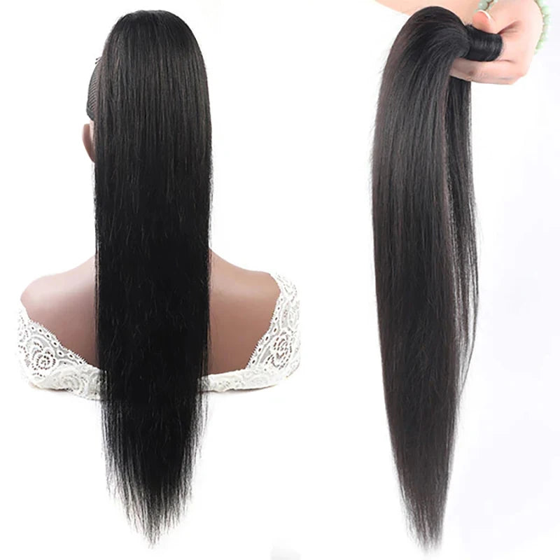 Straight Drawstring Ponytail 100% Human Hair Extensions Ponytail With Clips Natural Black Wrap Around Ponytail For Women