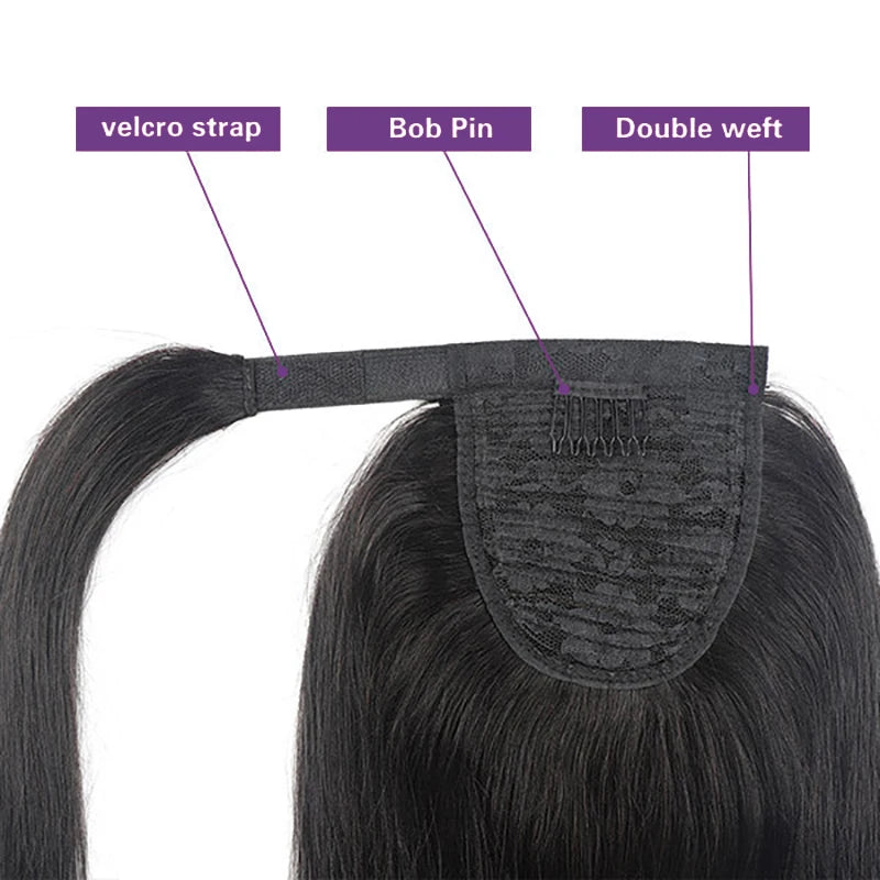 Straight Drawstring Ponytail 100% Human Hair Extensions Ponytail With Clips Natural Black Wrap Around Ponytail For Women