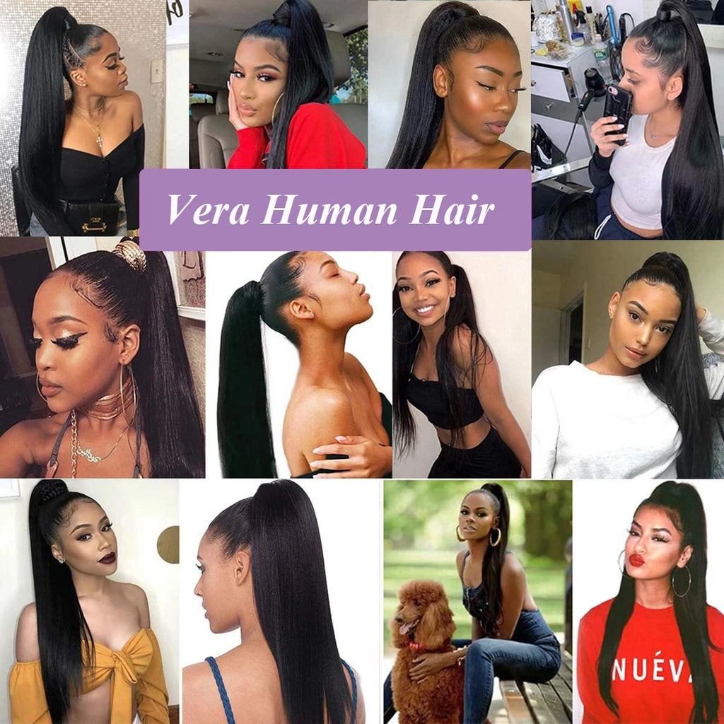 Straight Drawstring Ponytail 100% Human Hair Extensions Ponytail With Clips Natural Black Wrap Around Ponytail For Women