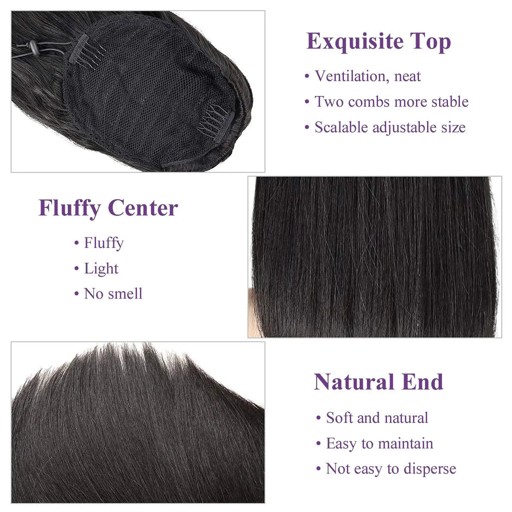 Straight Drawstring Ponytail 100% Human Hair Extensions Ponytail With Clips Natural Black Wrap Around Ponytail For Women
