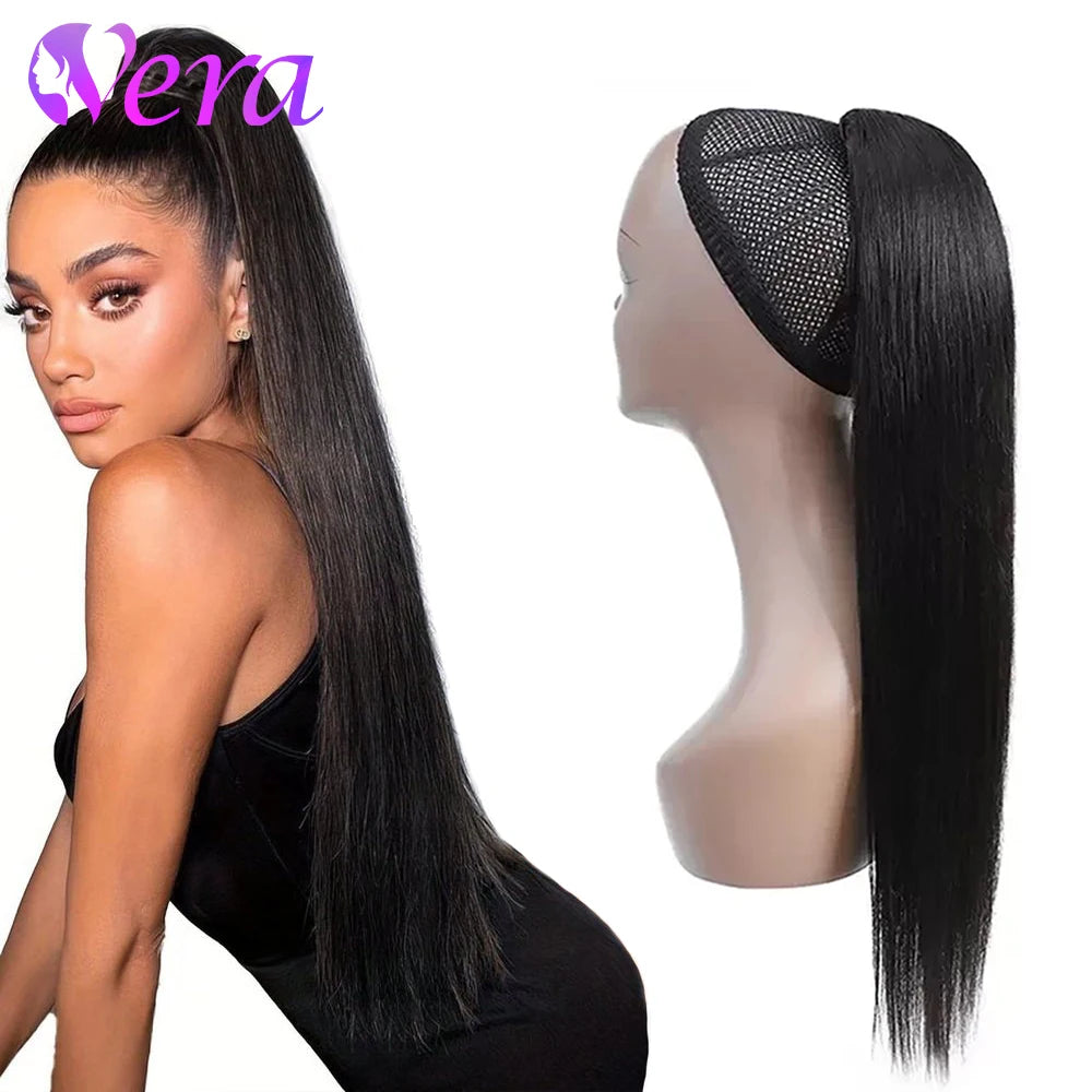 Straight Drawstring Ponytail 100% Human Hair Extensions Ponytail With Clips Natural Black Wrap Around Ponytail For Women