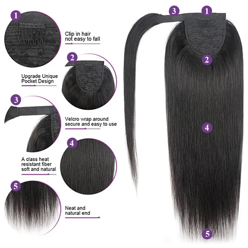 Straight Drawstring Ponytail 100% Human Hair Extensions Ponytail With Clips Natural Black Wrap Around Ponytail For Women